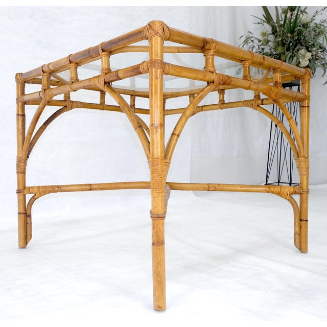 Mid 20th Century Glass Top 34" Square Mid Century Modern Burnt Bamboo Game Dinette Table MINT For Sale - Image 5 of 17