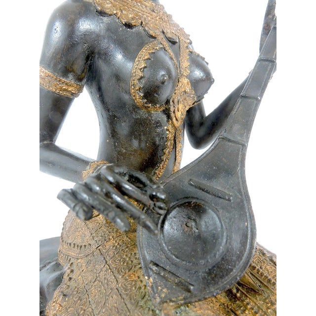 Metal Vintage Thai Bronze and Gilt Female Figure or Statue, the Phin Musician Statue Sculpture For Sale - Image 7 of 12