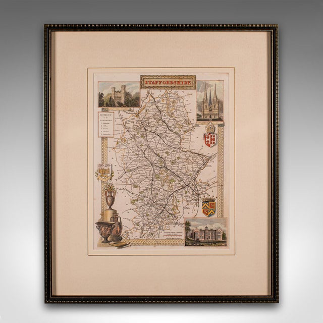 This is an antique lithography map of Staffordshire. An English, framed atlas engraving of cartographic interest, dating...