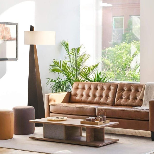 Obelisk Floor Lamp - 63", Dark Walnut Wood, White Cotton-Linen Shade For Sale In Los Angeles - Image 6 of 13