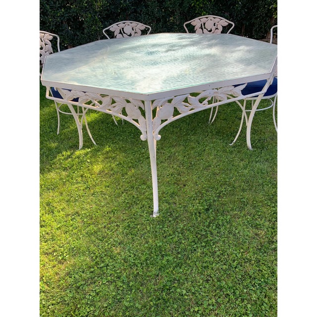 Mid-Century Modern Vintage Woodard Attributed Wrought Iron Patio Dining Table & Chairs Pomegranate 7 Pc Set For Sale - Image 3 of 15