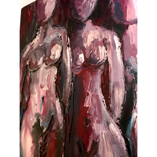 This is a fantastic oil painting with thick brush strokes and texture. The piece displays three female nude forms in a...