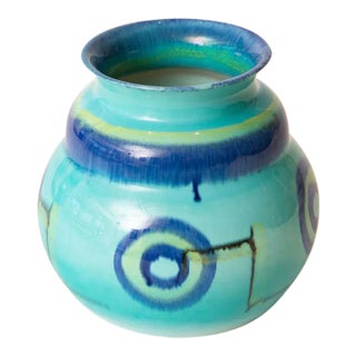 Art Deco Signed Grete Marks Bauhaus Ceramic Bowl, Vessel or Vase Turquoise, Blue, Yellow, Rare For Sale