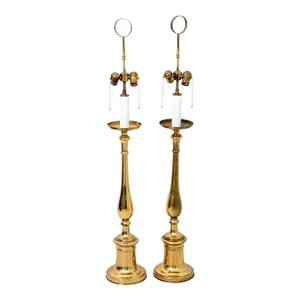 Pair Tommi Parzinger Style Solid Brass Mid Century Lamps