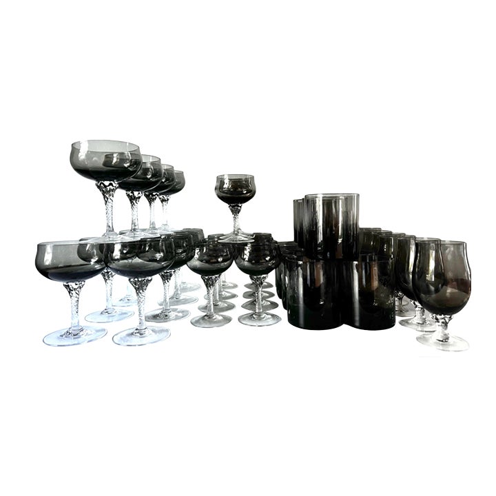 Mid-Century Sasaki Coronation Smoke Glassware Set of 41, Twisted Stem ...