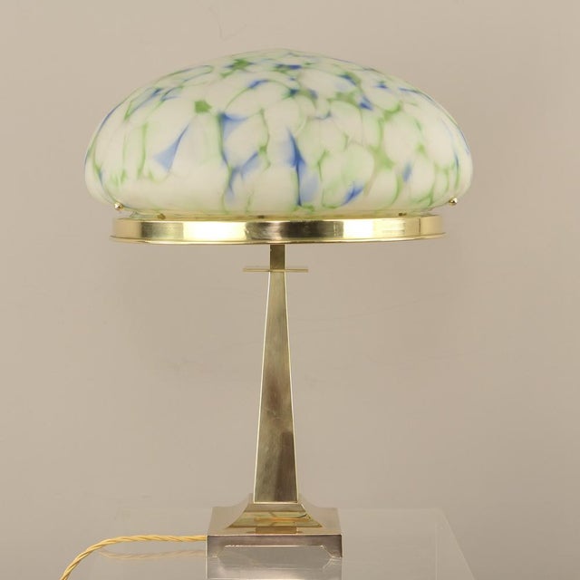Art Deco Brass Table Lamp with Mottled Glass Shade by Geb Kunstglas, Berlin, 1925 For Sale - Image 15 of 15