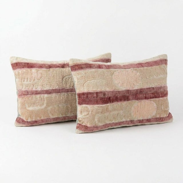 Mid-Century Modern Tashkent Suzani Lumbar Pillow Cover 16'' X 24'' - Set of Two For Sale - Image 3 of 5