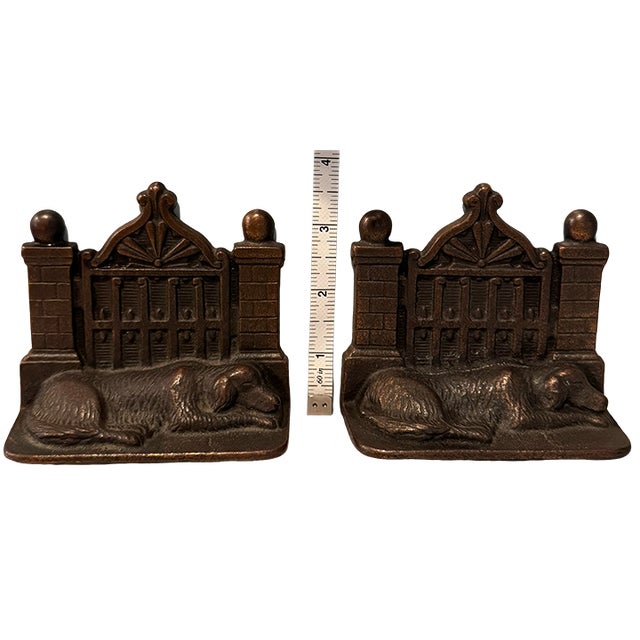 Antique Cast Iron Sleeping Dog Manor Gate Bookends (A Pair) For Sale - Image 14 of 16