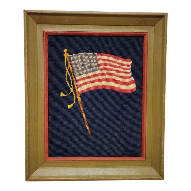 Vintage American Flag Needlepoint in Gilt Frame, Circa 1970s For Sale