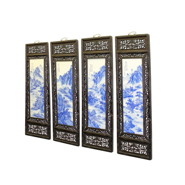 Chinoiserie Chinese Mountain River Porcelain Blue & White Painting Wall Panel Set For Sale - Image 3 of 8