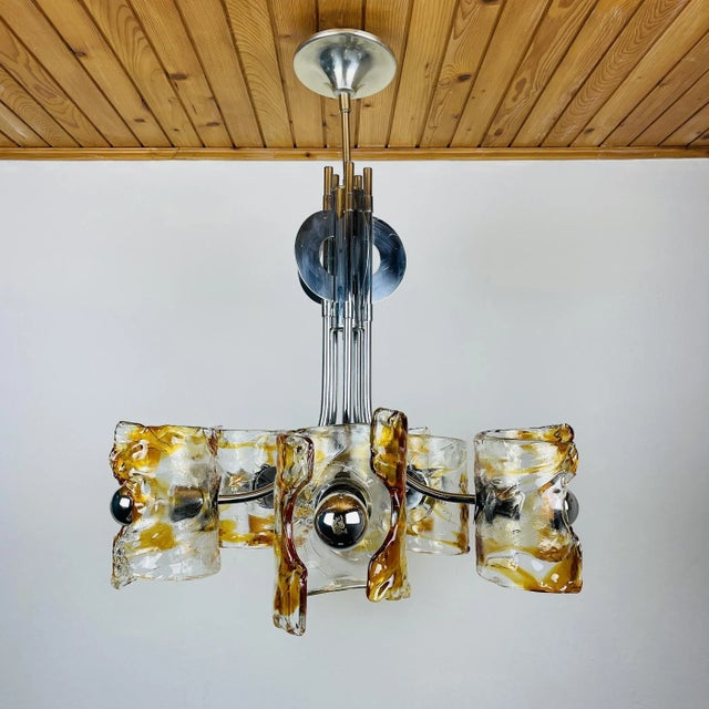 Orange Mid-Century Amber Murano & Chrome Chandelier by Toni Zuccheri for Mazzega, Italy, 1970s For Sale - Image 8 of 15