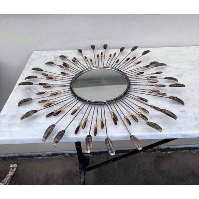 Mid-Century French Sunburst Mirror. Metal and pearls. Diameter / 20 inches.