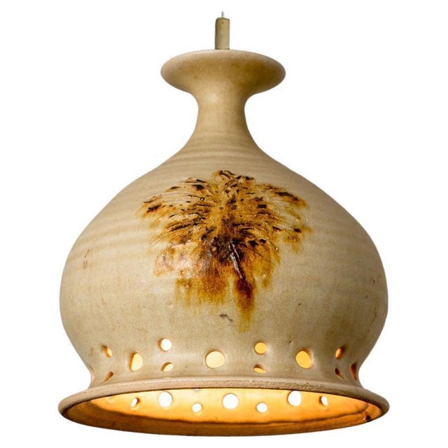 Round Brown Terra Ceramic Pendant Light, Denmark, 1970s For Sale - Image 4 of 15