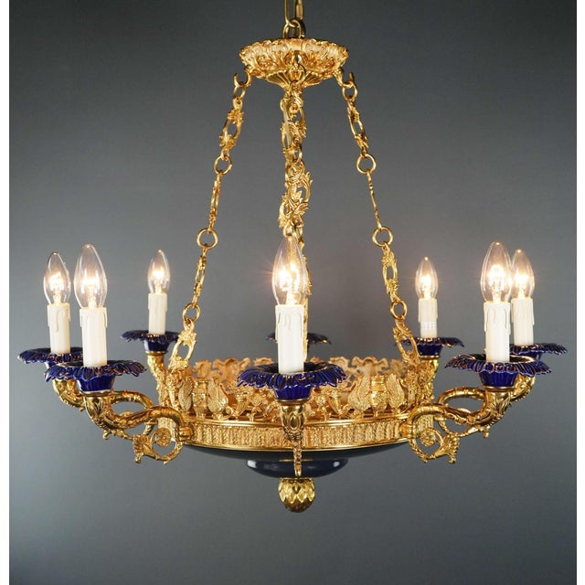 Art Deco Large Art Deco Gold Peacock Bird French Brass Empire Chandelier Lustre Lamp For Sale - Image 3 of 8