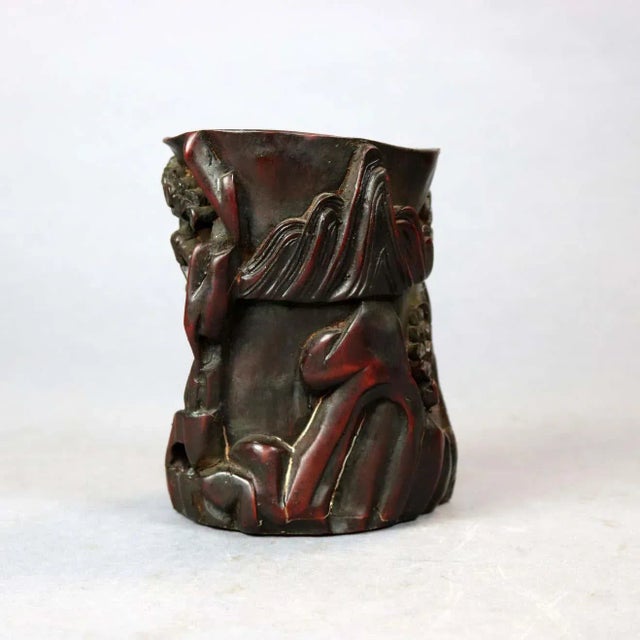 Antique Chinese Carved-In-Relief Resin Genre Scene Libation Cup For Sale - Image 4 of 13