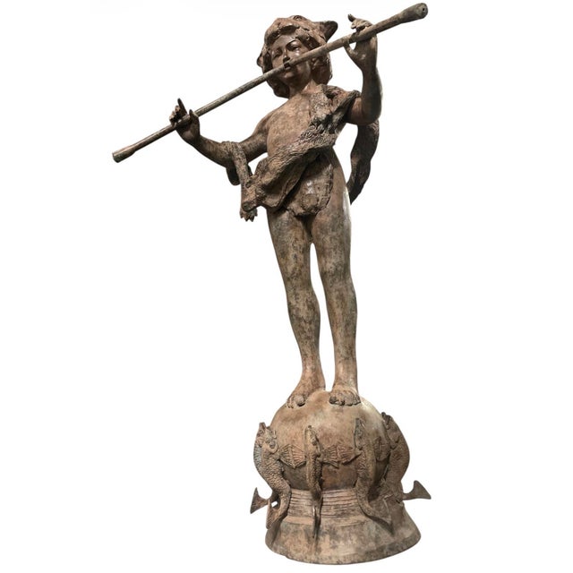 Neoclassical Vintage Neoclassical Patinated Bronze Fountain – Boy Playing Double Flute on Fish Base For Sale - Image 3 of 11