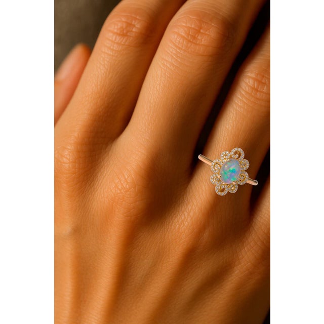 14 kt solid gold ring with oval opal cabochon. Multicolor opal ring. Pearl and opal ring. October birthstone ring....