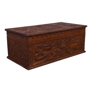 Antique Hand Carved Wood Chest with Eagle For Sale