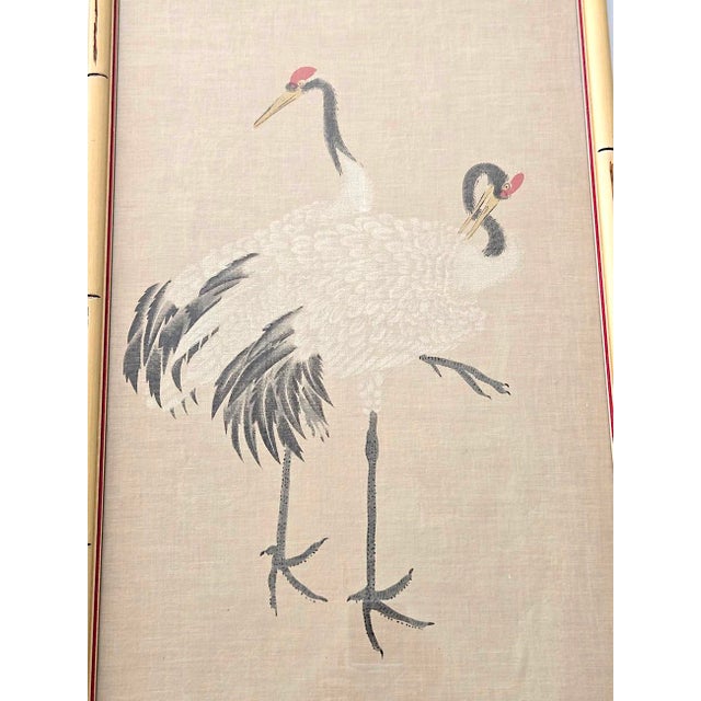 Hiroshi Yoshida 1930s Japanese Shōwa Era Crane Silk Panels With Faux Bamboo Frames, a Pair For Sale - Image 4 of 9
