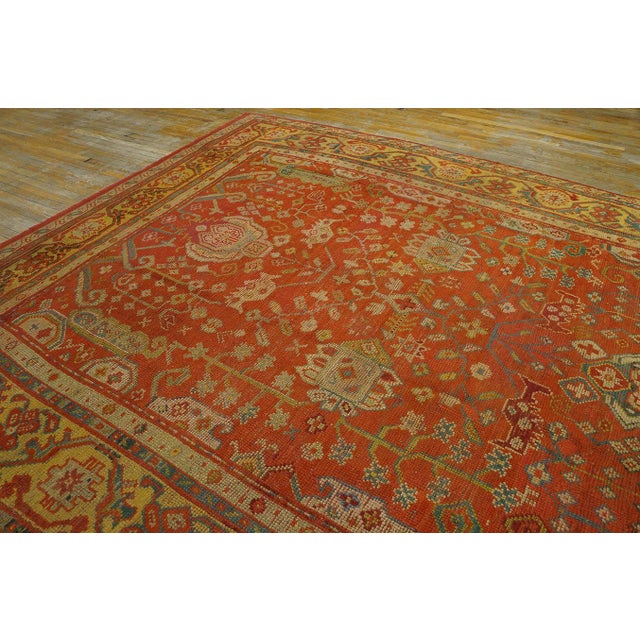 Impressive Coral Red With Palmettes Cross Pattern Antique Turkish Oushak Rug For Sale - Image 4 of 12