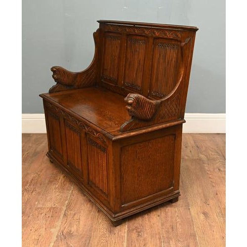 Jacobean Revival Oak Monk's Settle Bench, 1910s For Sale - Image 5 of 8