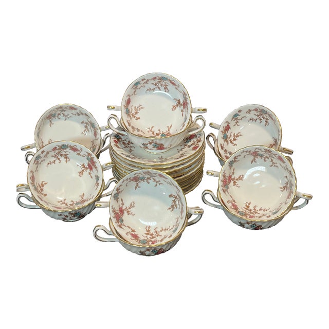 1950s Minton Ancestral Footed Cream Soup Bowl & Saucer Sets English Bone China- 8 Sets For Sale