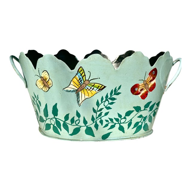 Late 20th Century Tole Ware Hand Painted Scalloped Planter For Sale