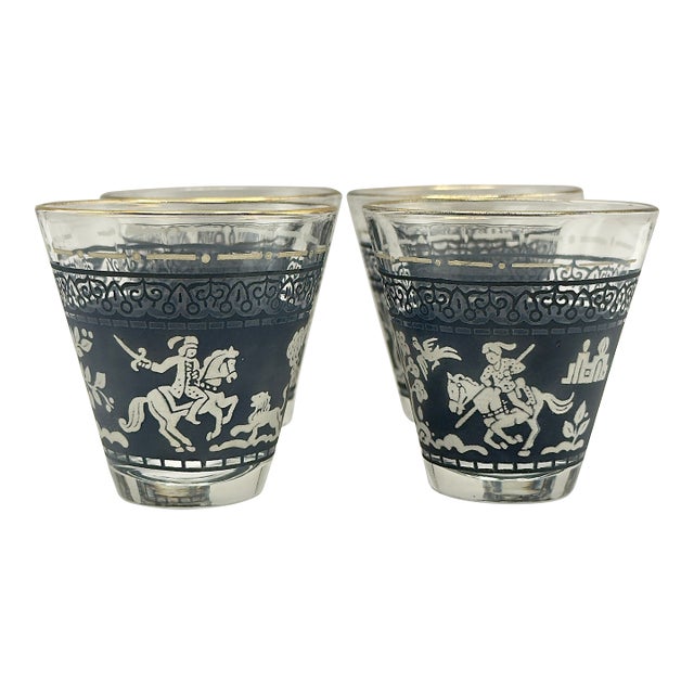 Mid-Century Wedgwood Style Whiskey Glasses With Greek Revival Horsemen & Gilded Rim- Set of 4 For Sale