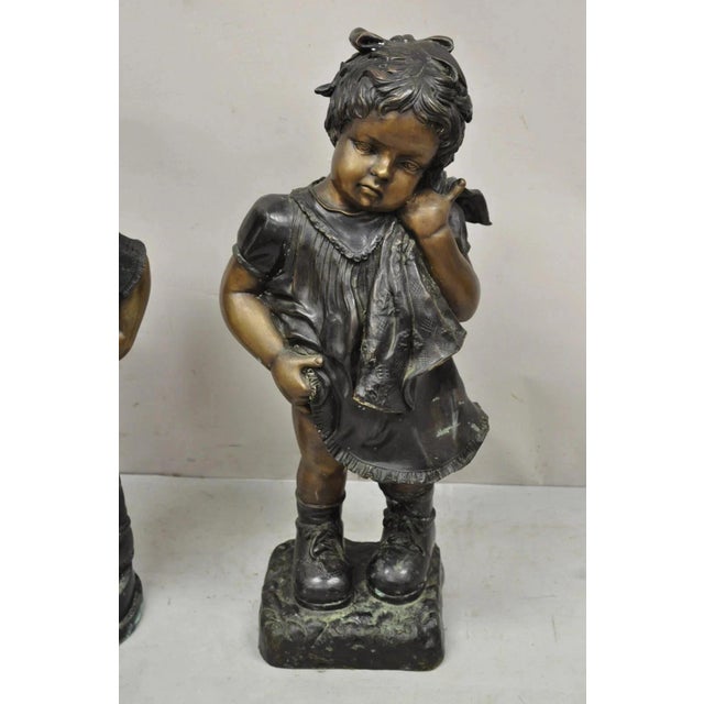 Late 20th Century Late 20th Century Victorian Style Cast Bronze 29" Little Boy and Girl Statue Figure - A Pair For Sale - Image 5 of 12