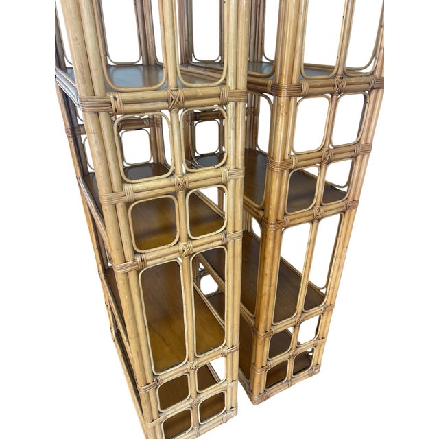 Wood Vintage Tall Architectural Palm Beach Style Rattan Étagères, Pair For Sale - Image 7 of 12