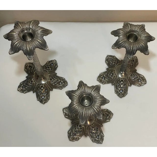 Set of 3 Vintage Nickel Metal Palm Tree Candlesticks Reticulated Bases For Sale - Image 4 of 12
