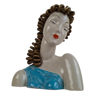 Art Deco Ceramic Bust of a Woman with Gilded Curled Hair, Czechoslovakia, 1930s For Sale