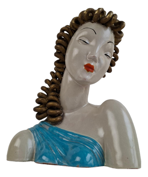 Art Deco Ceramic Bust of a Woman with Gilded Curled Hair, Czechoslovakia, 1930s
