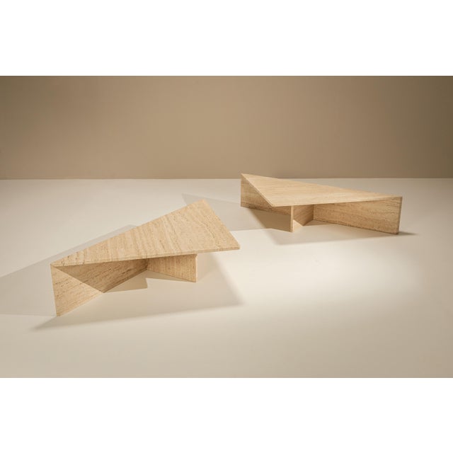 Large Triangular Travertine Coffee Table, 1970s, Set of 2 For Sale - Image 4 of 14