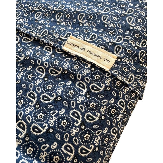 Cabin Wyoming Vintage 1960's Pennant on New Woven Blue Paisley Large Throw Pillow For Sale - Image 3 of 3
