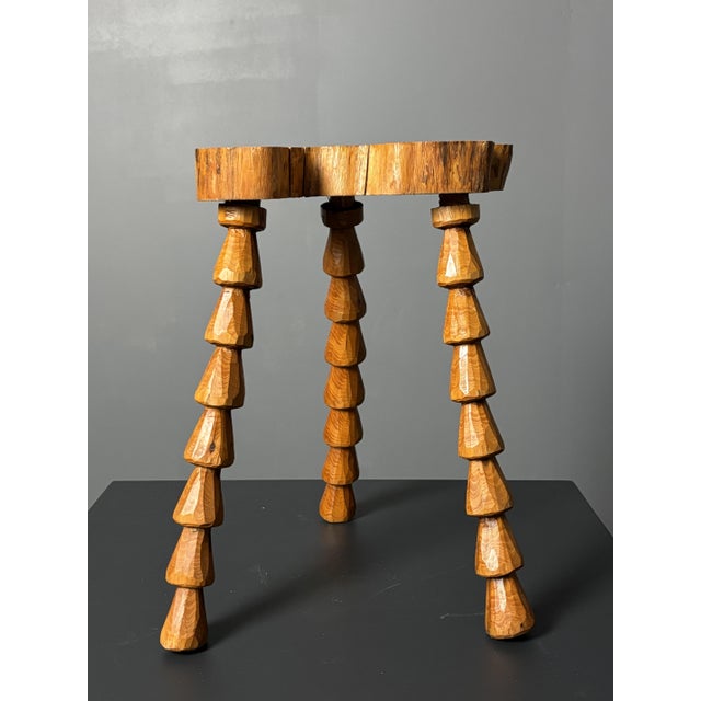 Mid-Century Brutalist French Artisanal Handmade Wood Turned Tripod Stool, 1960s For Sale - Image 4 of 17