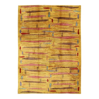 Mid 20th Century Vintage Modern Rug With Yellow Background and Multicolored Etched Pattern For Sale
