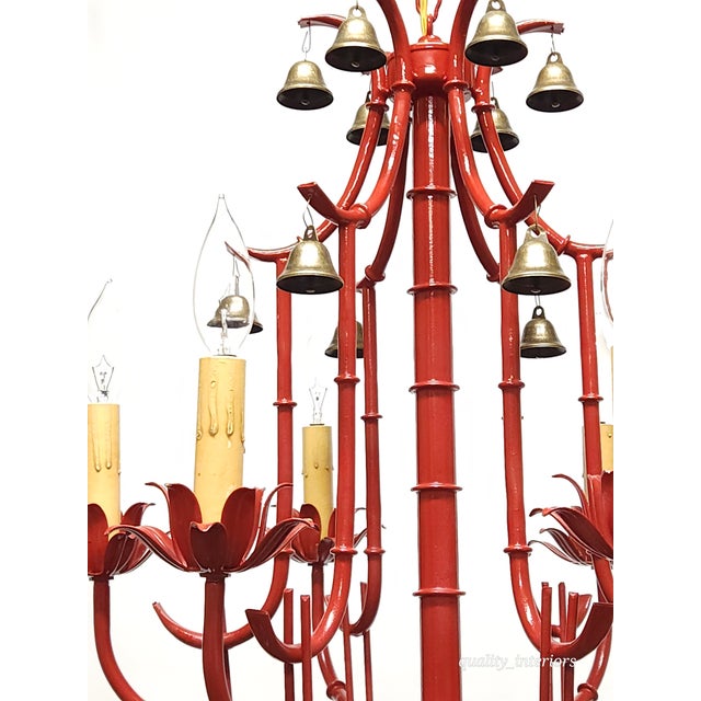 Fabulous Italian Tole Vintage Red Faux Bamboo Pagoda With Brass Bells Chandelier ~ Rewired ~ Restored ~ Rejuvenated For Sale - Image 4 of 12