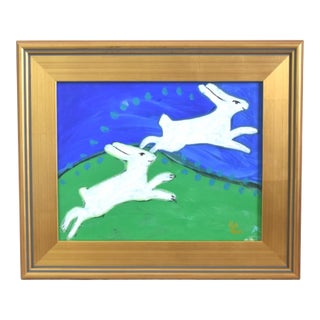 Folk Art Hopping Bunnies Rabbits Hares Oil Painting Including the Antiqued Gold Frame For Sale