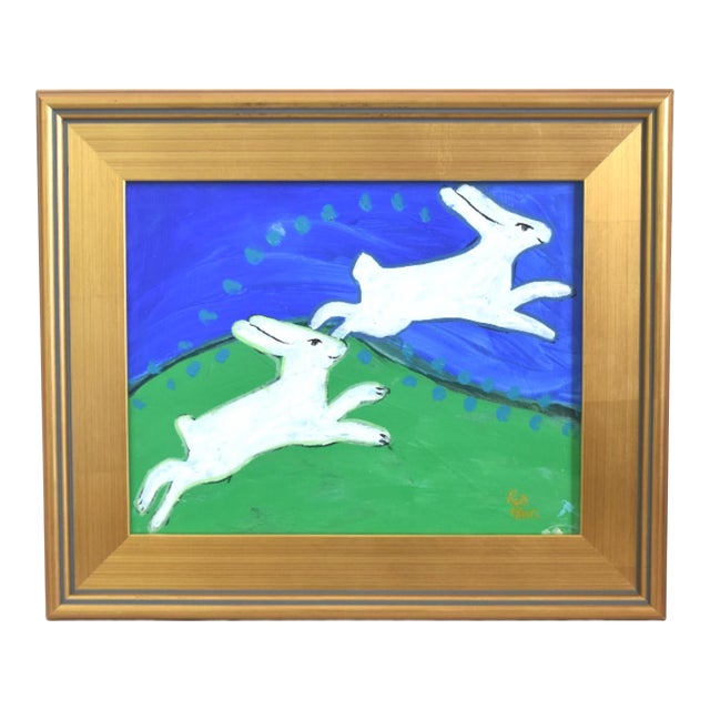 Folk Art Hopping Bunnies Rabbits Hares Oil Painting Including the Antiqued Gold Frame For Sale
