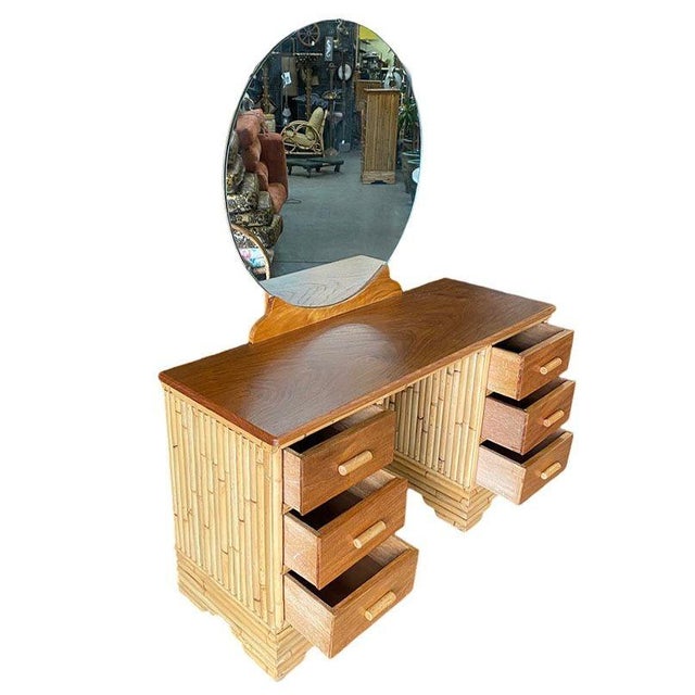 1940s Restored Early Mid-Century Stacked Rattan & Mahogany Vanity W/ Round Mirror For Sale - Image 4 of 7