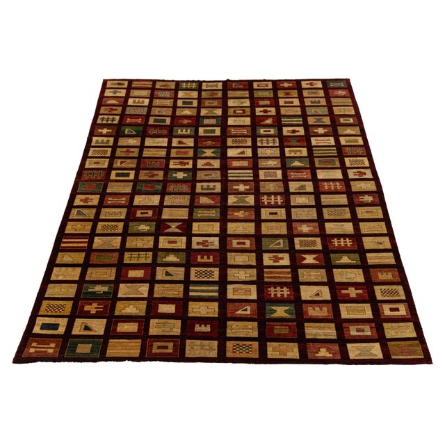 Modern Geometric Grid Hand-Knotted Wool Area Rug in Deep Burgundy & Earth Tones For Sale - Image 9 of 12