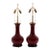 Pair of Mid-Century Oxblood Sang De Boeuf Chinese Porcelain Vase Lamps With Brass Double Sockets, Circa 1950s For Sale