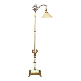Art Deco Brass and Art Glass Bridge Floor Lamp With French Glass Shade For Sale