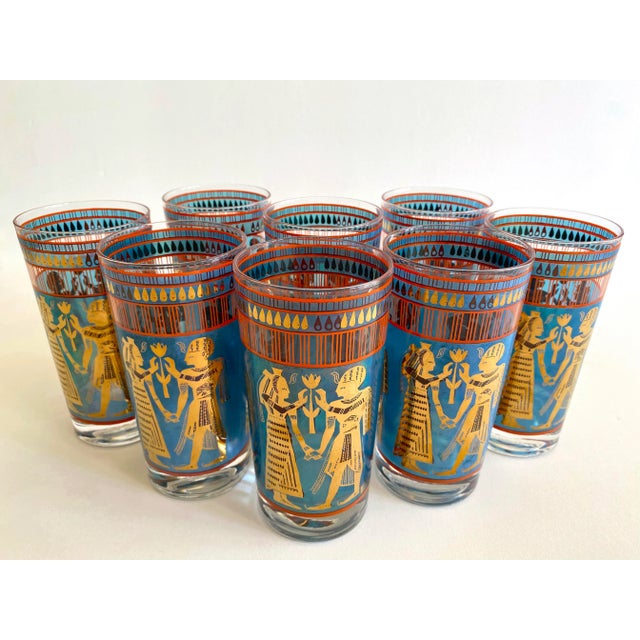 Mid-Century Modern Vintage 1960's Mid Century Modern Egyptian Revival Gold Leaf Highball Tumbler Glasses - Set of 8 For Sale - Image 3 of 13