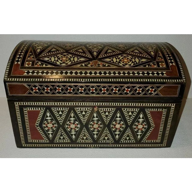 Moroccan 1960s Moroccan Mother of Pearl Inlay Jewelry Box With Suede Interior For Sale - Image 3 of 6
