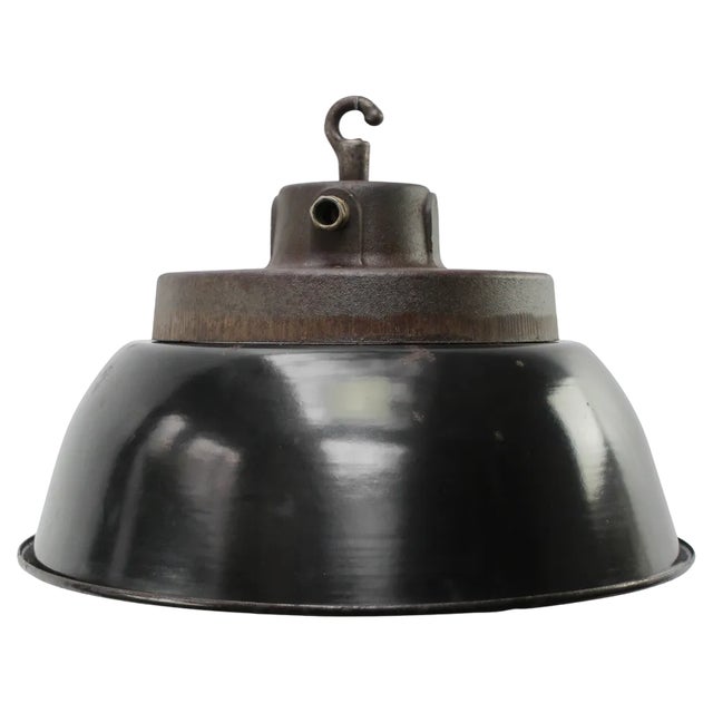 Vintage Factory Black Enamel and Cast Iron Pendant Lamp For Sale