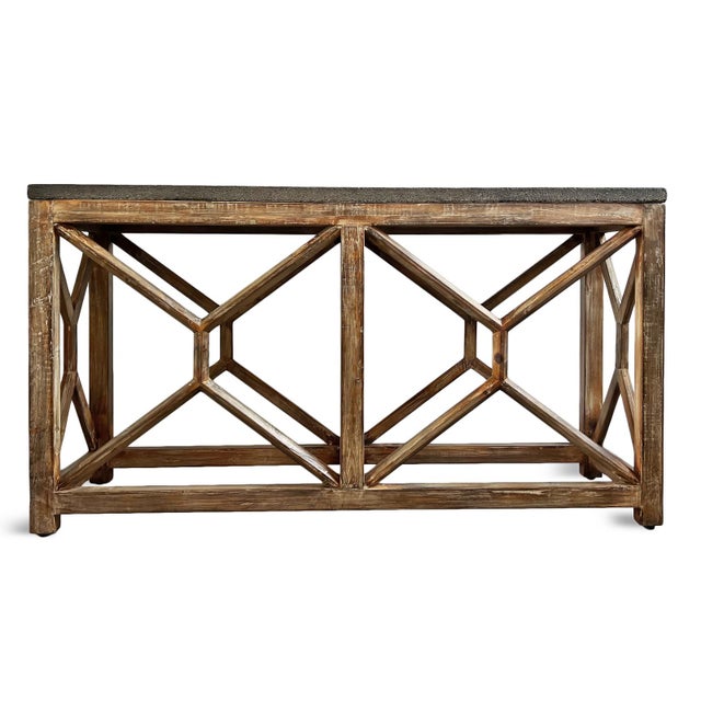 Beautiful dark grey bluestone top console table with open carved salvaged wood base. Bluestone is a volcanic stone known...