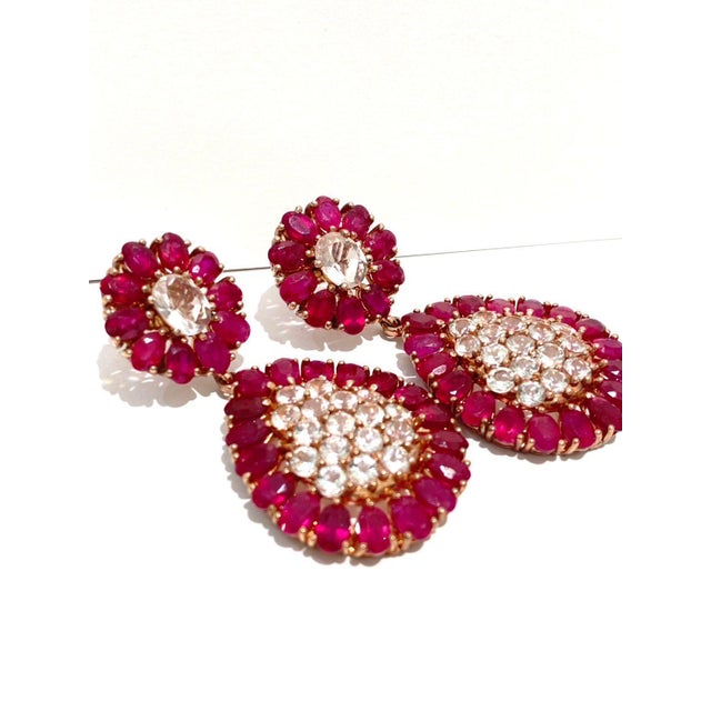 Baroque Natural Ruby & White Sapphire "Bochic" Earrings Set In 18K Gold & Silver For Sale - Image 3 of 7