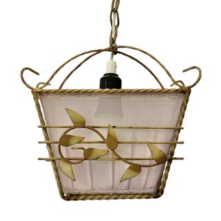 Swedish Modern Pendant Lamp in Steel and Textile with Leaf Decor, 1940s For Sale